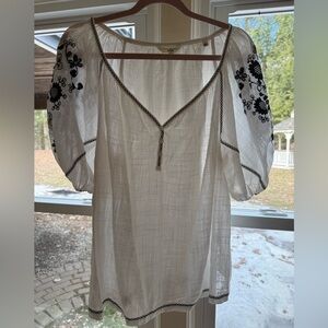 Max Studio White Peasant Tunic with Black Floral Embroidery
